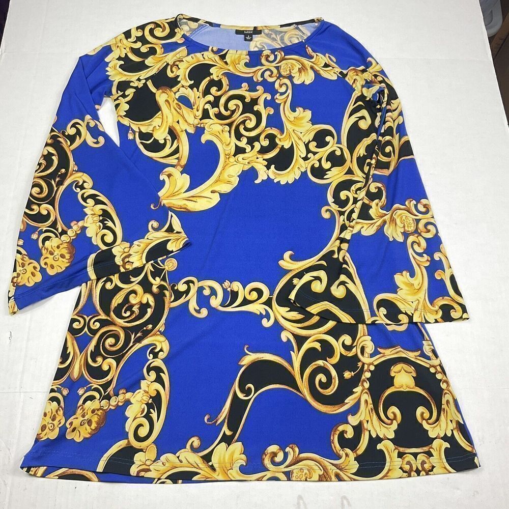 MSK Womens Shift Dress Link Print Flared Long Sleeve Casual Pullover SMALL